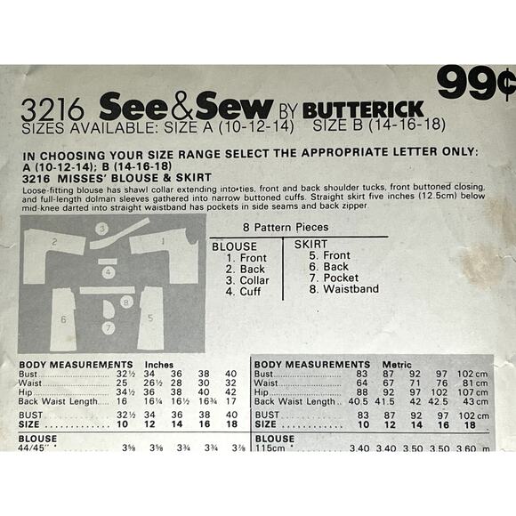 Butterick 3216 pattern blouse kitten bow midi pencil skirt 1980s size 10 12 14 - Picture 4 of 7